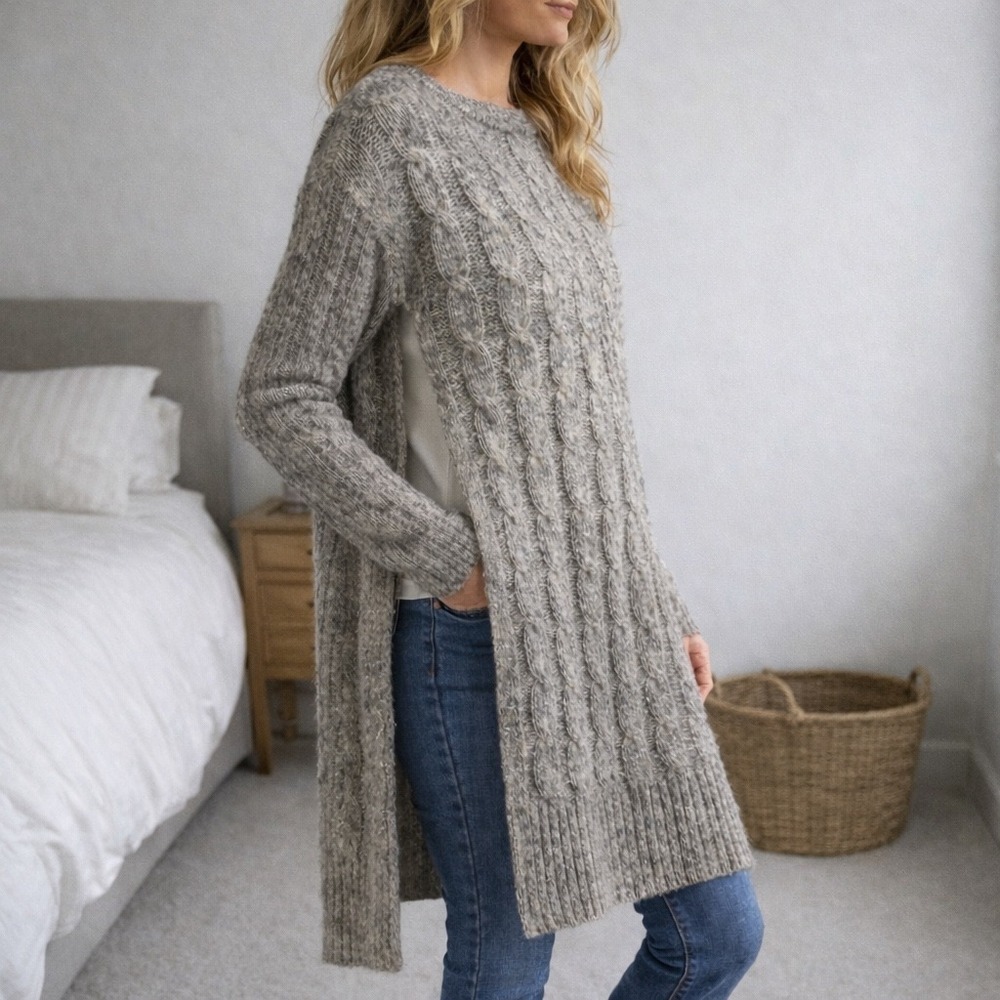 Lagenlook Open Side Tunic Sweater M Acrylic Mohair Longline Boho Layer Mushroom‎